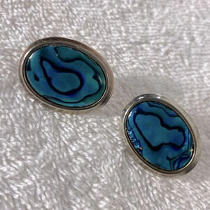 Vintage Blue Faux Abalone W Silver Tone Trim Oval Clop On  Earrings